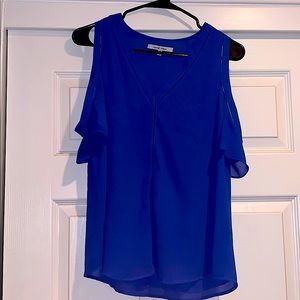 Open shoulder bright blue chiffon top